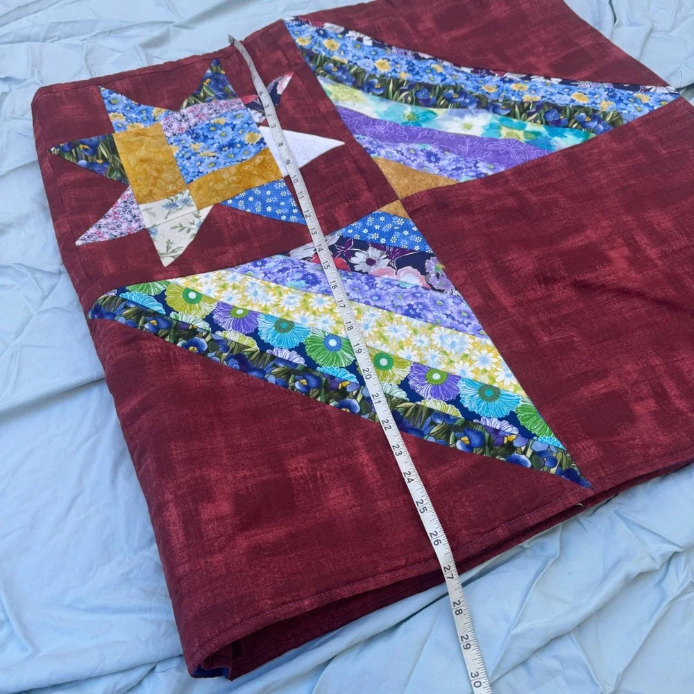 Vintage Handmade Star Patchwork Quilt Burgundy Floral Mason Jar Embroidery 60x60